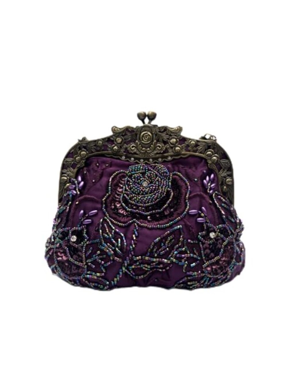Handmade Beaded Rose Clutch with 2 Chains Kiss Lock Evening Bag